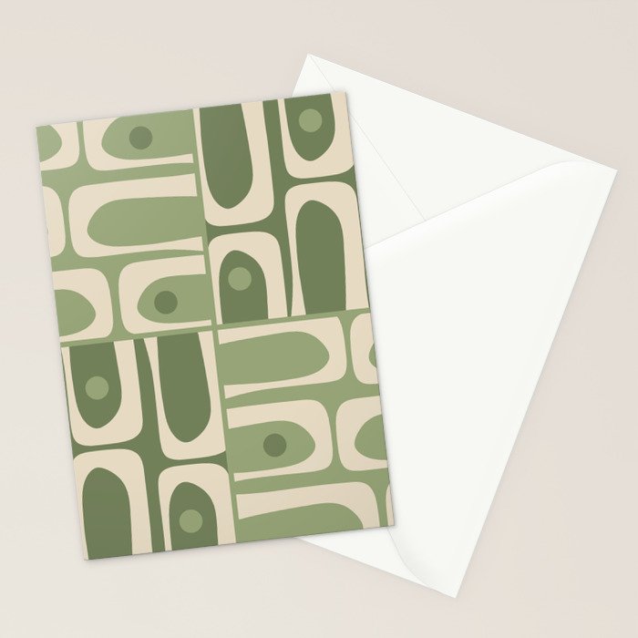 Mid Century Modern Piquet Multi Geometric Pattern in Mossy Sage Olive Green and Beige Stationery Card Gallery Image 2