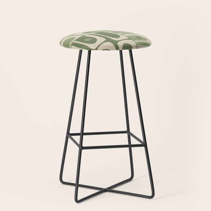 Mid Century Modern Piquet Multi Geometric Pattern in Mossy Sage Olive Green and Beige Stool Gallery Image 1