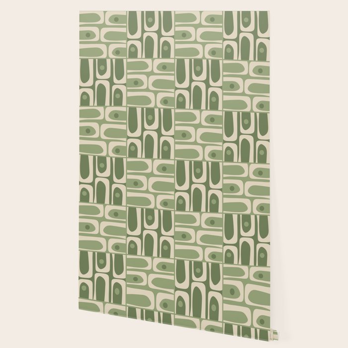 Mid Century Modern Piquet Multi Geometric Pattern in Mossy Sage Olive Green and Beige Wallpaper Gallery Image 2