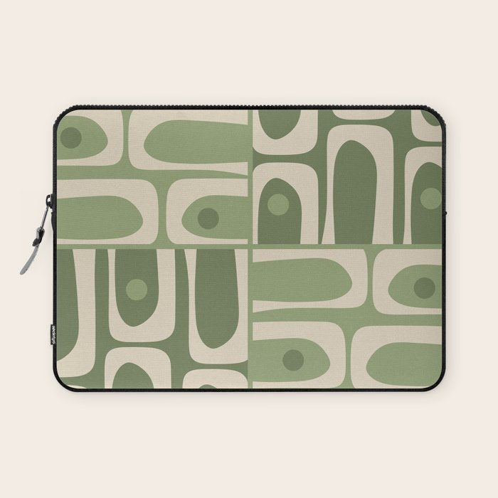 Mid Century Modern Piquet Multi Geometric Pattern in Mossy Sage Olive Green and Beige Laptop Sleeve Gallery Image 1
