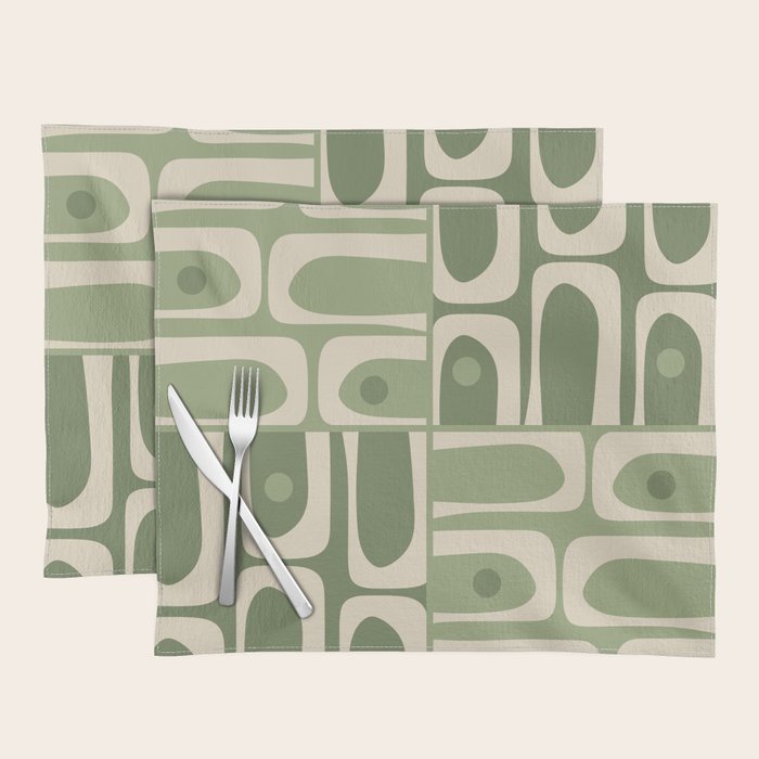 Mid Century Modern Piquet Multi Geometric Pattern in Mossy Sage Olive Green and Beige Placemat Gallery Image 1