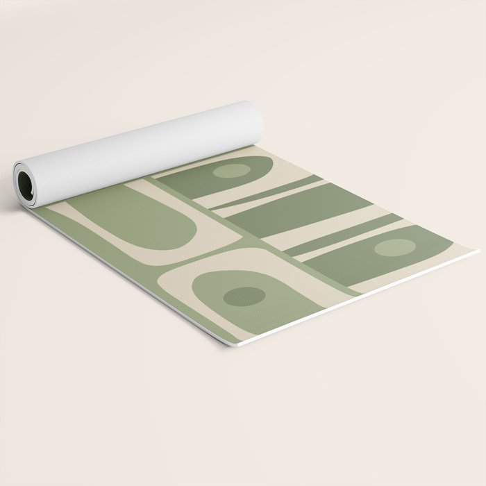 Mid Century Modern Piquet Multi Geometric Pattern in Mossy Sage Olive Green and Beige Yoga Mat Gallery Image 2