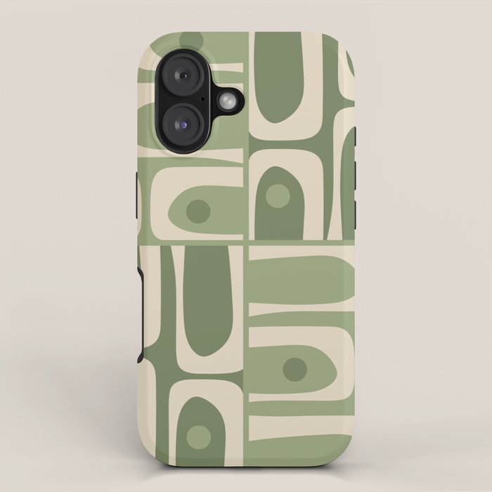 Mid Century Modern Piquet Multi Geometric Pattern in Mossy Sage Olive Green and Beige iPhone Case Gallery Image 1
