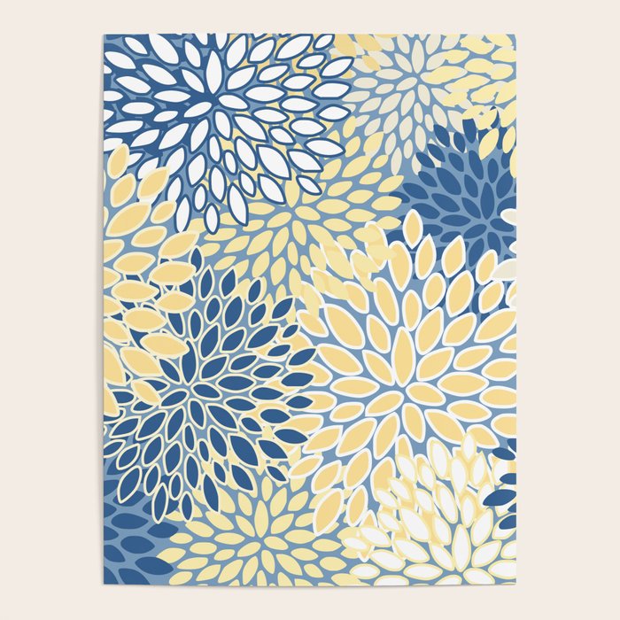 Modern, Flowers Print, Yellow, Blue and White Poster Gallery Image 4