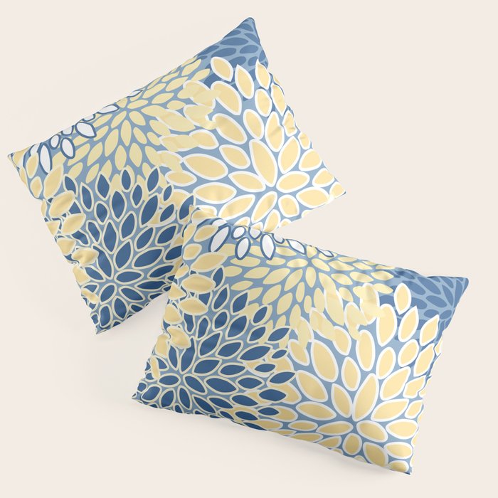 Modern, Flowers Print, Yellow, Blue and White Pillow Sham Gallery Image 1