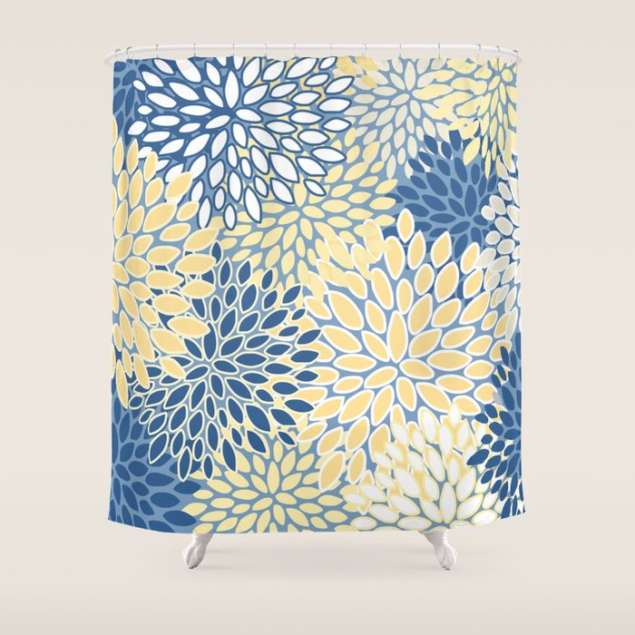 Modern, Flowers Print, Yellow, Blue and White Shower Curtain Gallery Image 1