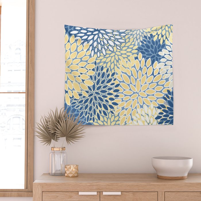 Modern, Flowers Print, Yellow, Blue and White Wall Tapestry Gallery Image 2