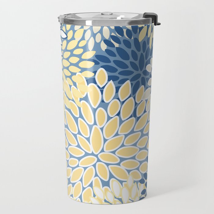 Modern, Flowers Print, Yellow, Blue and White Travel Mug Gallery Image 2
