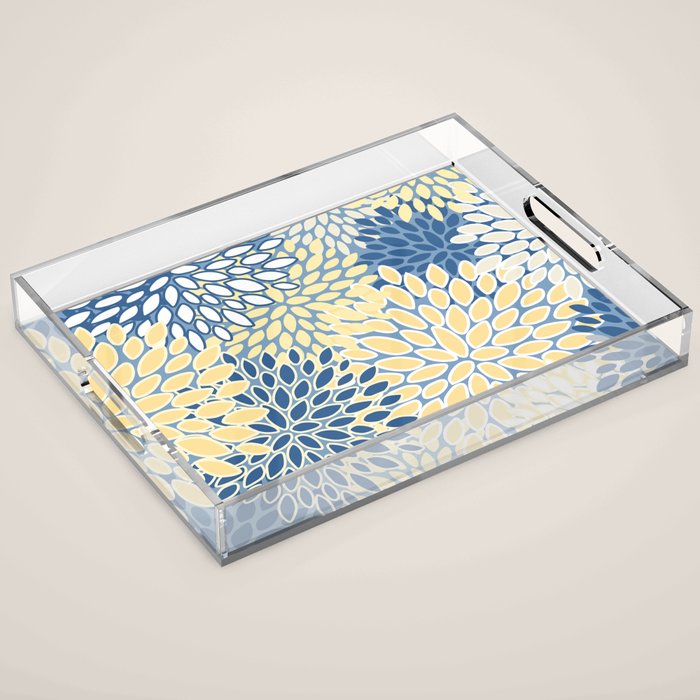 Modern, Flowers Print, Yellow, Blue and White Acrylic Tray Gallery Image 1