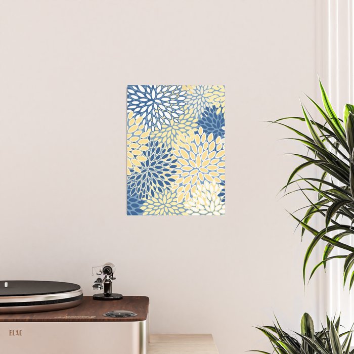 Modern, Flowers Print, Yellow, Blue and White Poster Gallery Image 2