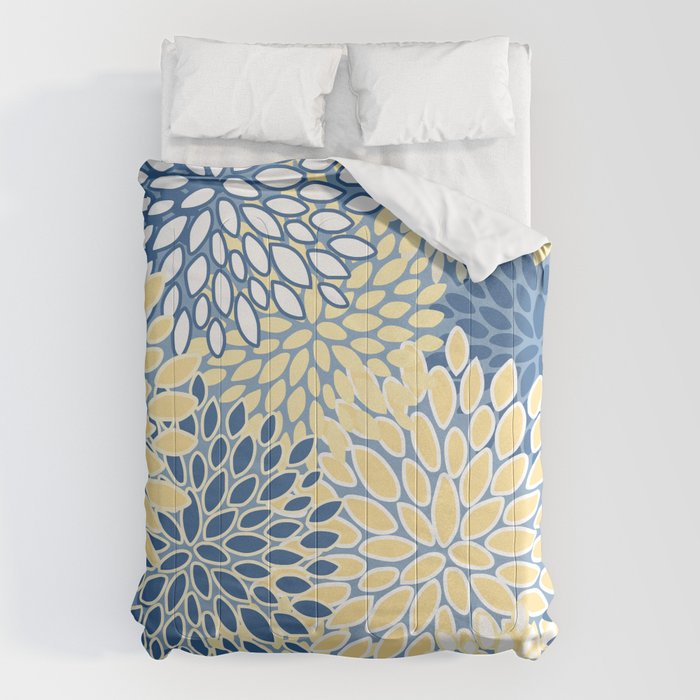 Modern, Flowers Print, Yellow, Blue and White Comforter Gallery Image 1