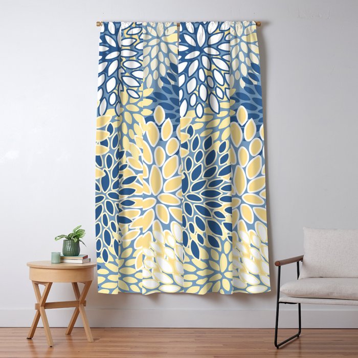 Modern, Flowers Print, Yellow, Blue and White Window Curtain Gallery Image 5