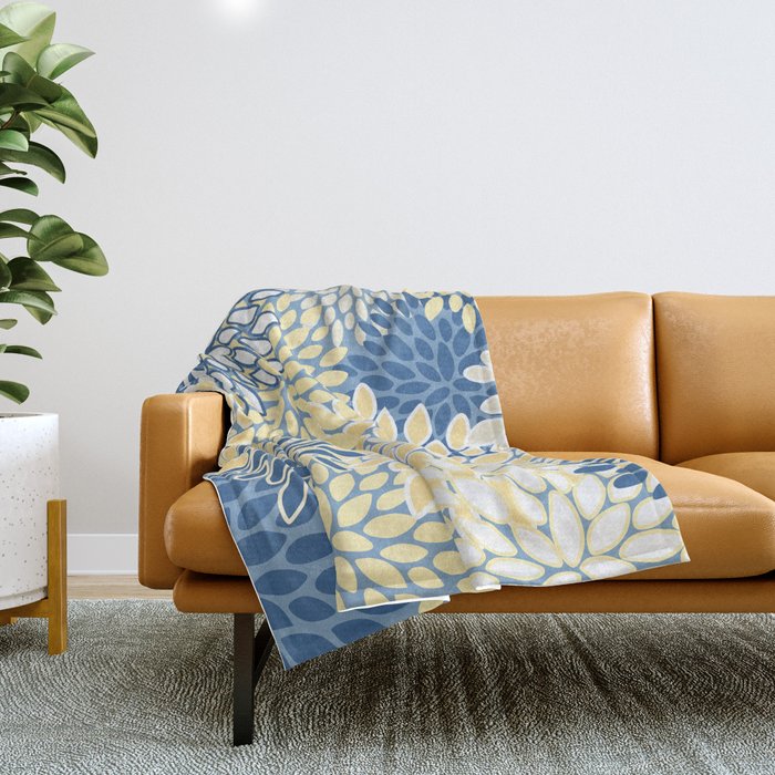Modern, Flowers Print, Yellow, Blue and White Throw Blanket Gallery Image 1
