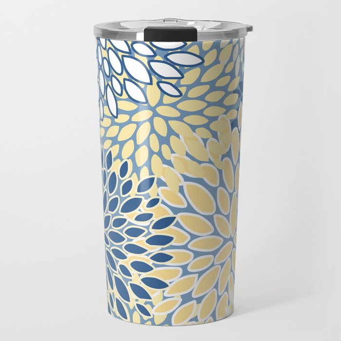 Modern, Flowers Print, Yellow, Blue and White Travel Mug Gallery Image 1