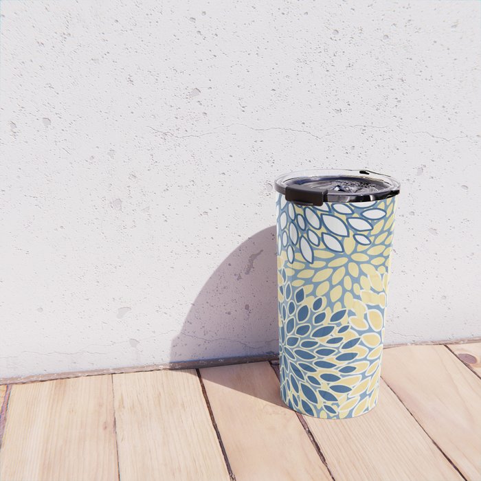 Modern, Flowers Print, Yellow, Blue and White Travel Mug Gallery Image 4