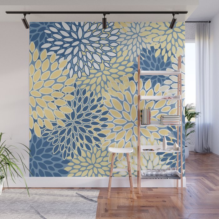Modern, Flowers Print, Yellow, Blue and White Wall Mural Gallery Image 1