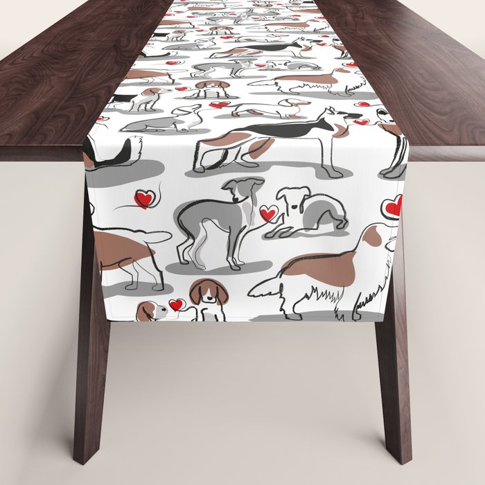 Woof endless love // white background red hearts continuous lined pair of dog breeds Table Runner Gallery Image 1