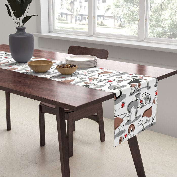 Woof endless love // white background red hearts continuous lined pair of dog breeds Table Runner Gallery Image 2