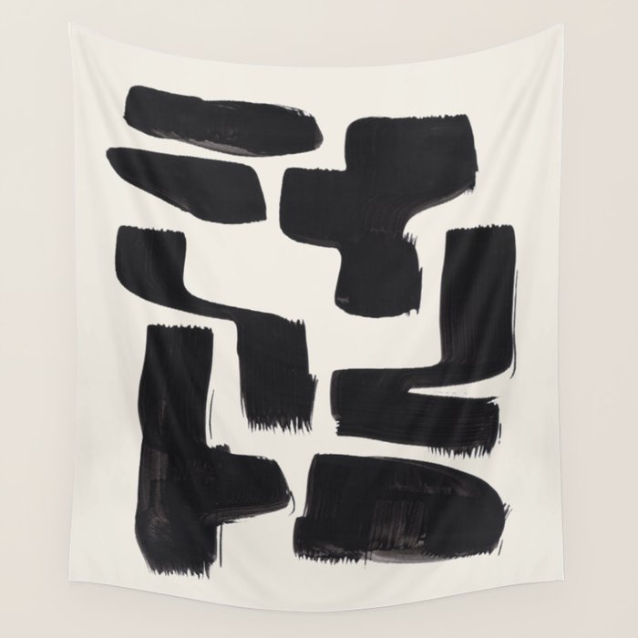 Mid Century Modern Minimalist Abstract Art Brush Strokes Black & White Ink Art Shapes Wall Tapestry Gallery Image 4