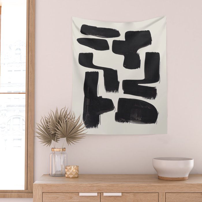 Mid Century Modern Minimalist Abstract Art Brush Strokes Black & White Ink Art Shapes Wall Tapestry Gallery Image 2