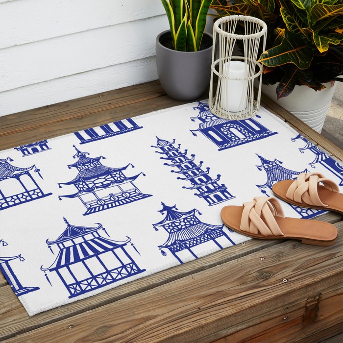 Chinoiserie Temple Pagodas Outdoor Rug Gallery Image 2