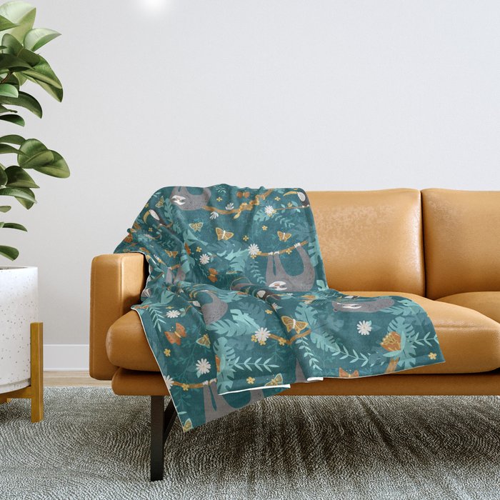 Sloth Hanging in a Teal Forest Throw Blanket Gallery Image 1