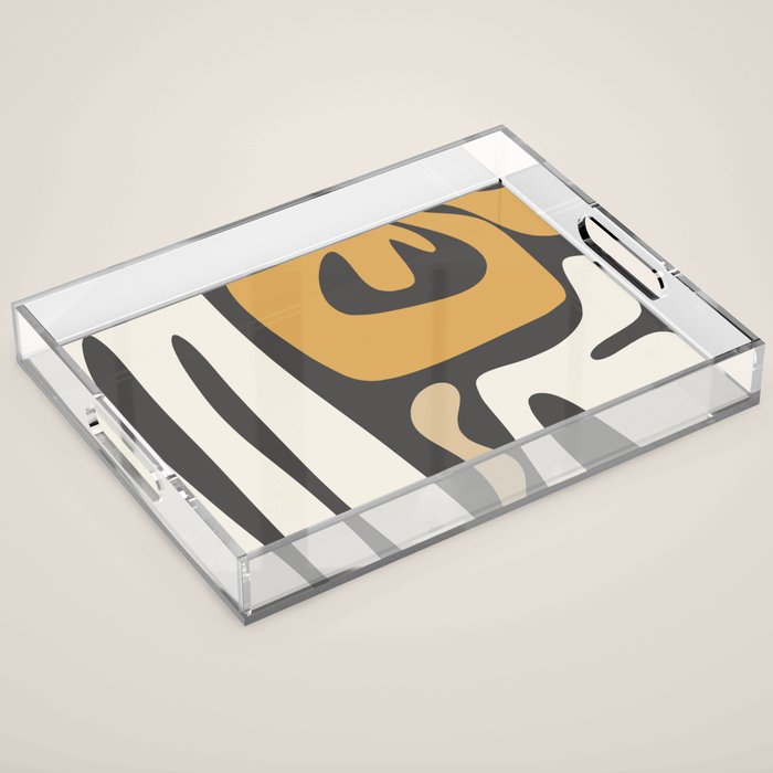 Mid Century Modern Kwaito Charcoal Gray and Muted Mustard Gold Abstract Acrylic Tray Gallery Image 1