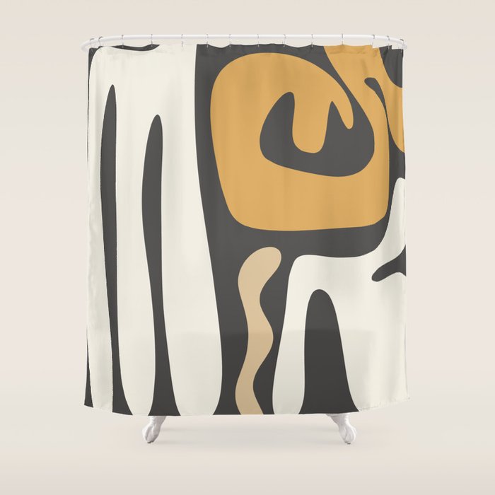Mid Century Modern Kwaito Charcoal Gray and Muted Mustard Gold Abstract Shower Curtain Gallery Image 1