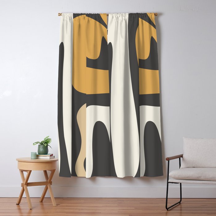 Mid Century Modern Kwaito Charcoal Gray and Muted Mustard Gold Abstract Window Curtain Gallery Image 5