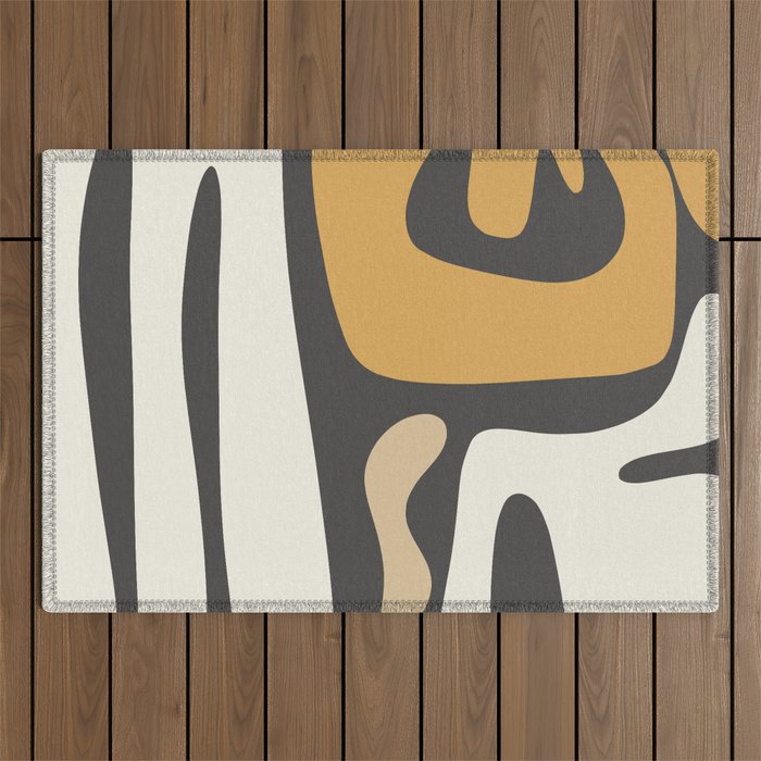 Mid Century Modern Kwaito Charcoal Gray and Muted Mustard Gold Abstract Outdoor Rug Gallery Image 1