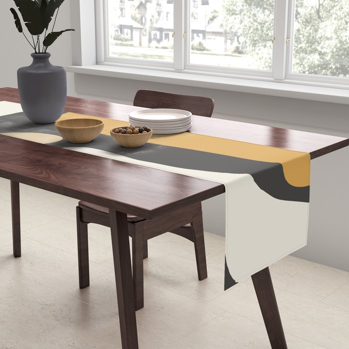 Mid Century Modern Kwaito Charcoal Gray and Muted Mustard Gold Abstract Table Runner Gallery Image 2
