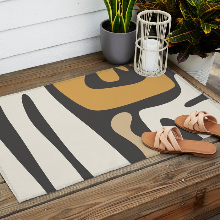 Mid Century Modern Kwaito Charcoal Gray and Muted Mustard Gold Abstract Outdoor Rug Gallery Image 2