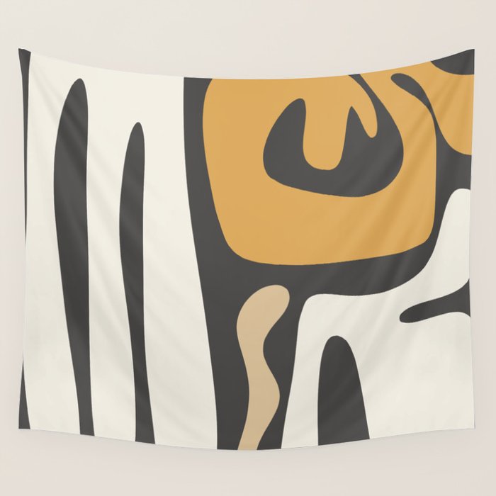Mid Century Modern Kwaito Charcoal Gray and Muted Mustard Gold Abstract Wall Tapestry Gallery Image 1