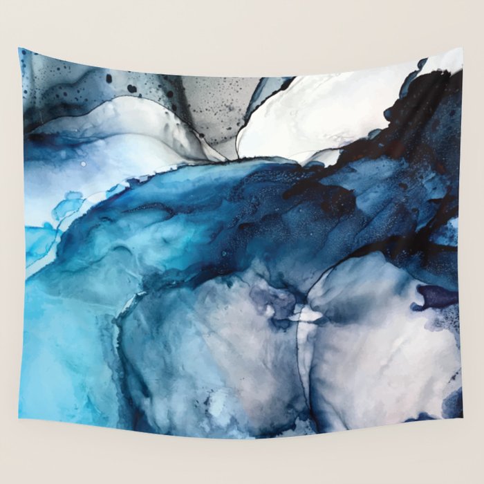 White Sand Blue Sea - Alcohol Ink Painting Wall Tapestry Gallery Image 1