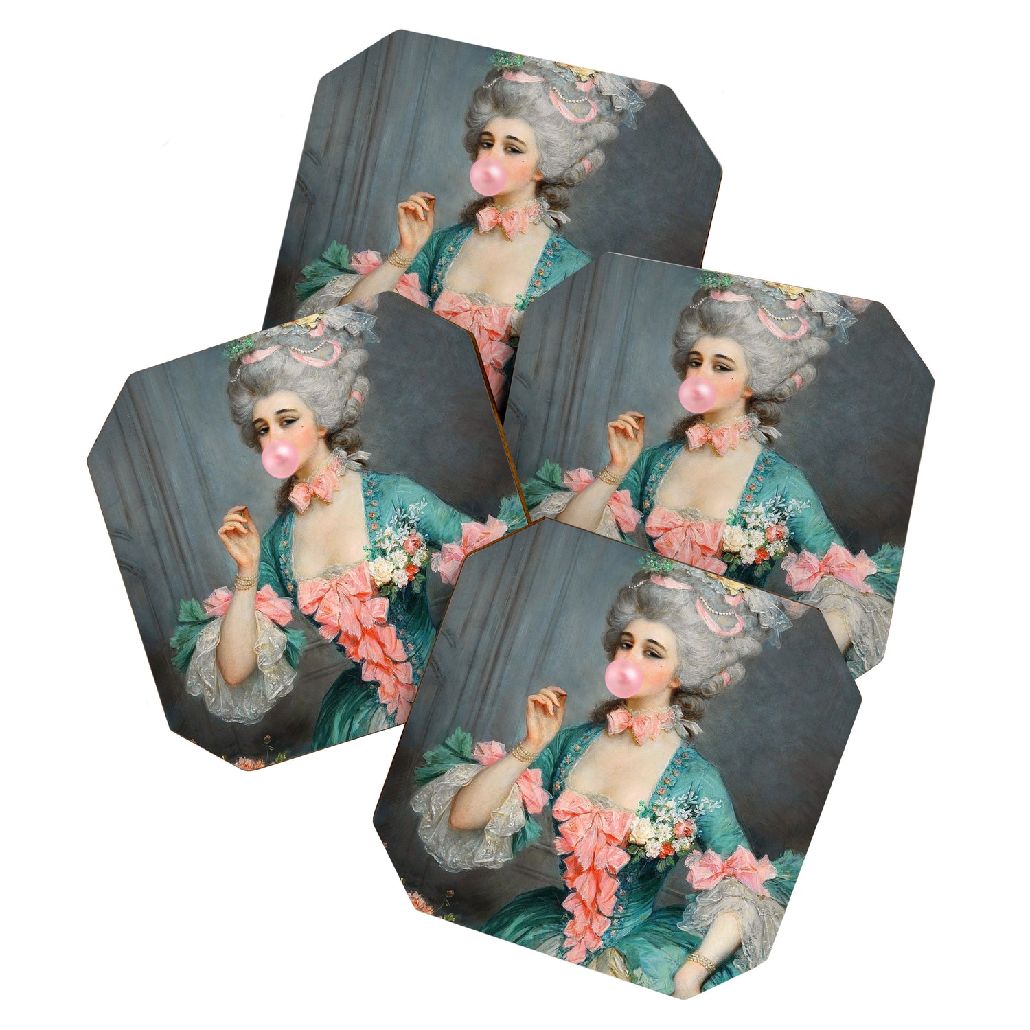 Lady With Roses & Bubblegum Altered Art Portrait Vintage Decor Coaster Gallery Image 1