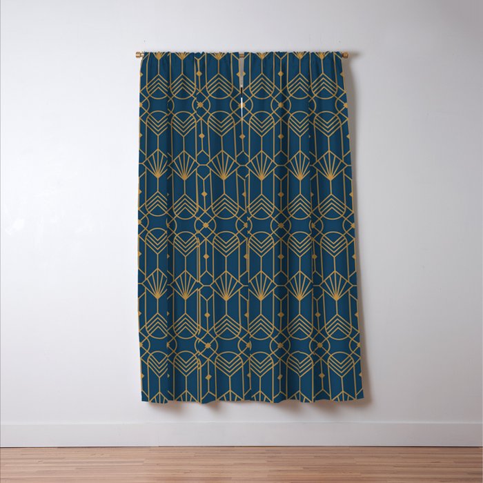 Art Deco Abstract Navy Blue & Gold Pattern Window Curtain Gallery Image 3