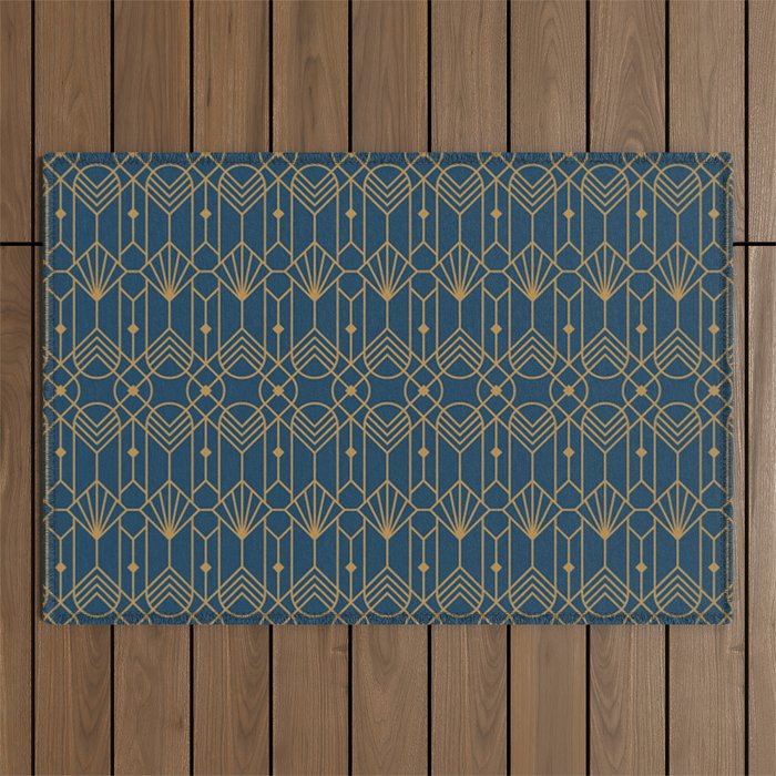 Art Deco Abstract Navy Blue & Gold Pattern Outdoor Rug Gallery Image 1