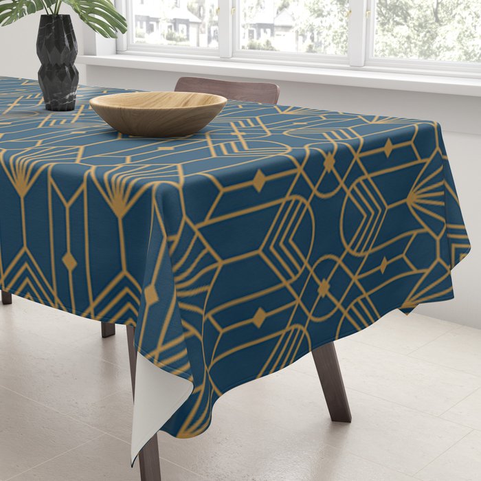 Art Deco Abstract Navy Blue & Gold Pattern Tablecloth Gallery Image 3