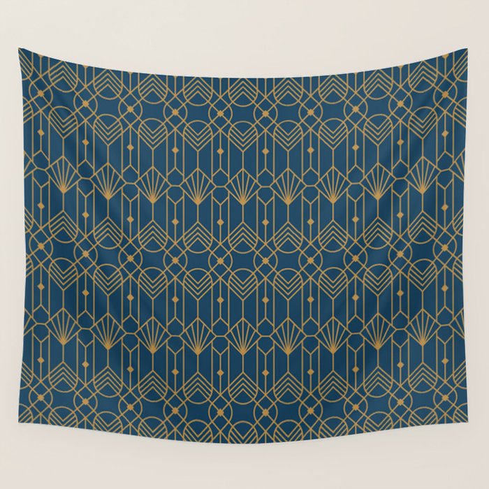 Art Deco Abstract Navy Blue & Gold Pattern Wall Tapestry Gallery Image 4