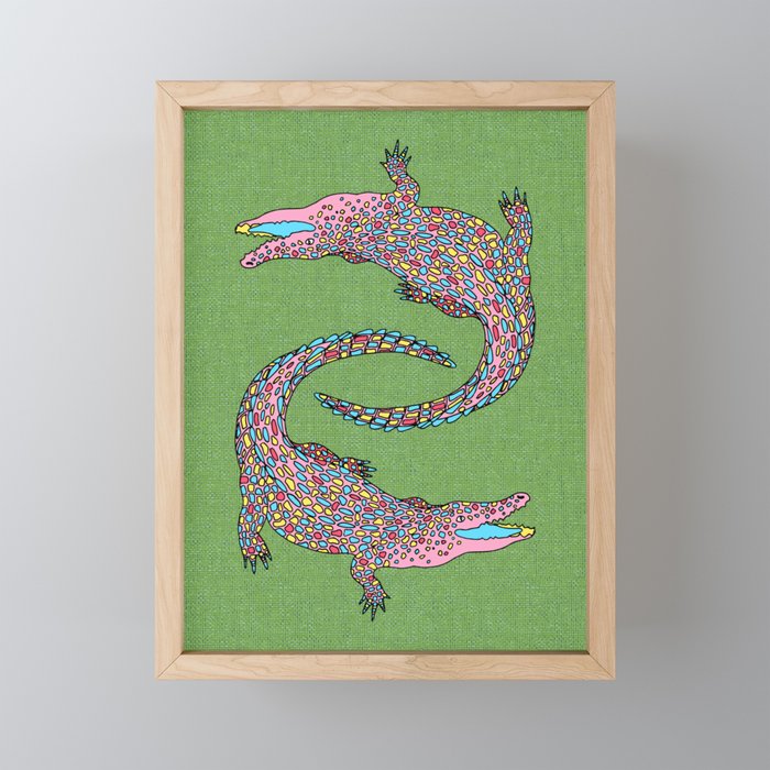 Crocodiles (Textured Green and Pink) Mini Art Print