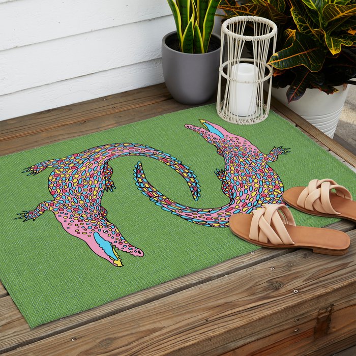 Crocodiles (Textured Green and Pink) Outdoor Rug Gallery Image 2