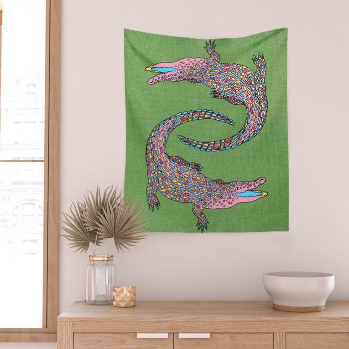 Crocodiles (Textured Green and Pink) Wall Tapestry Gallery Image 2