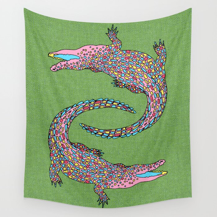 Crocodiles (Textured Green and Pink) Wall Tapestry Gallery Image 4