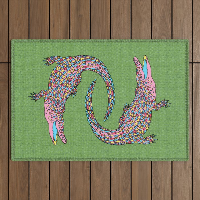 Crocodiles (Textured Green And Pink) Outdoor Rug