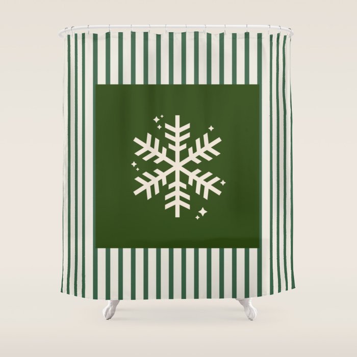 Snowflake Green Striped Shower Curtain Gallery Image 1