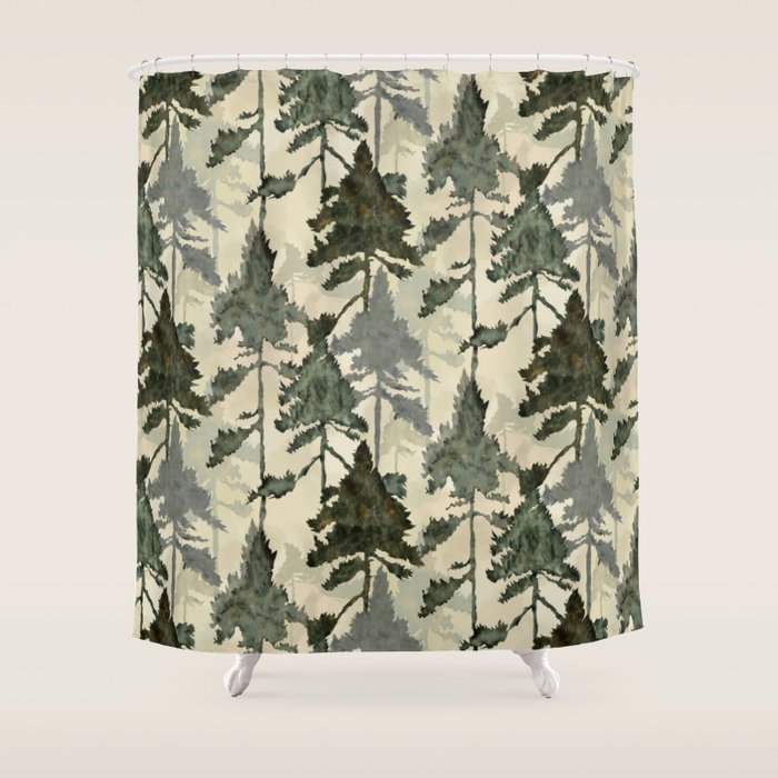 Enchanted Watercolor Pine Forest Shower Curtain Gallery Image 1
