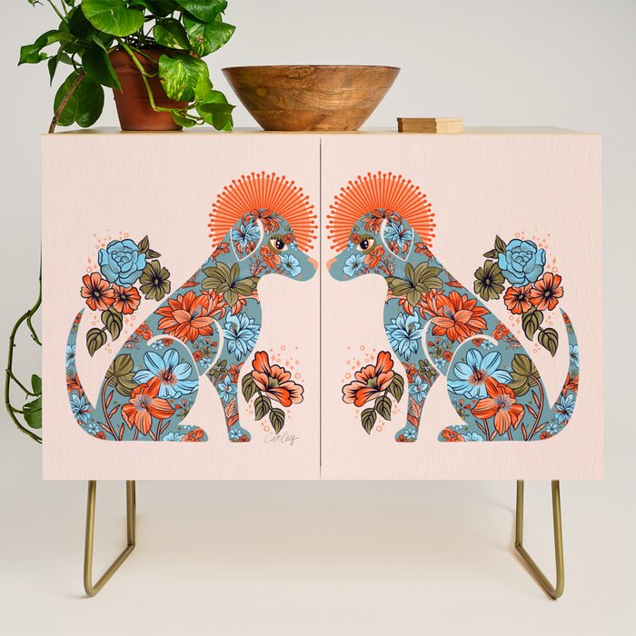 Porcelain Floral Dog - Blue & Coral Credenza Gallery Image 1