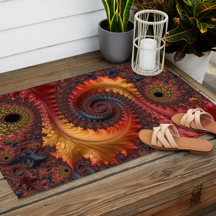 Feathery Flow - Red Fractal Art Outdoor Rug Gallery Image 2