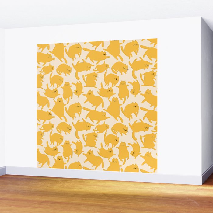 Yellow Silly Cats Pattern Wall Mural Gallery Image 2
