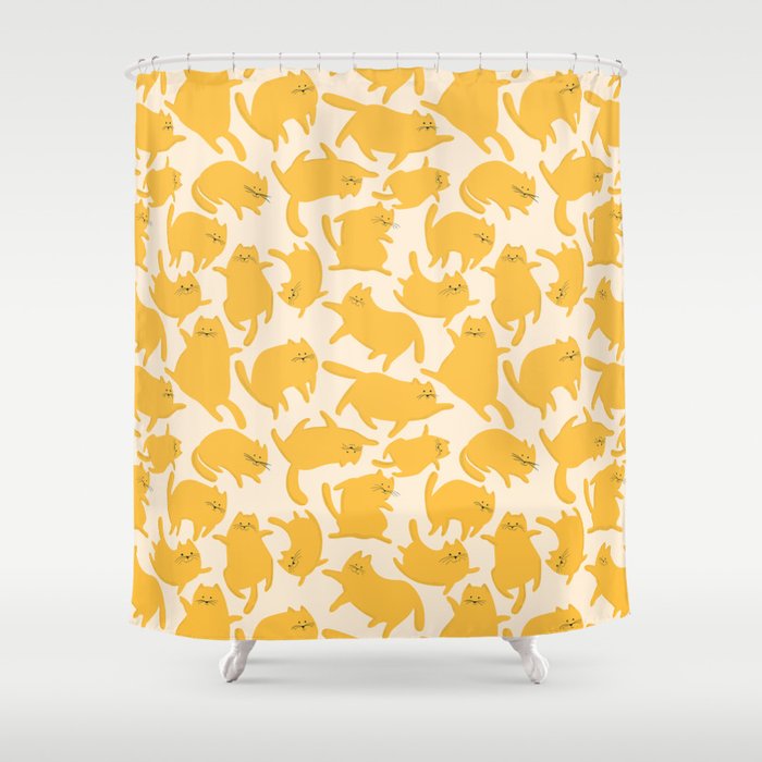 Yellow Silly Cats Pattern Shower Curtain Gallery Image 1
